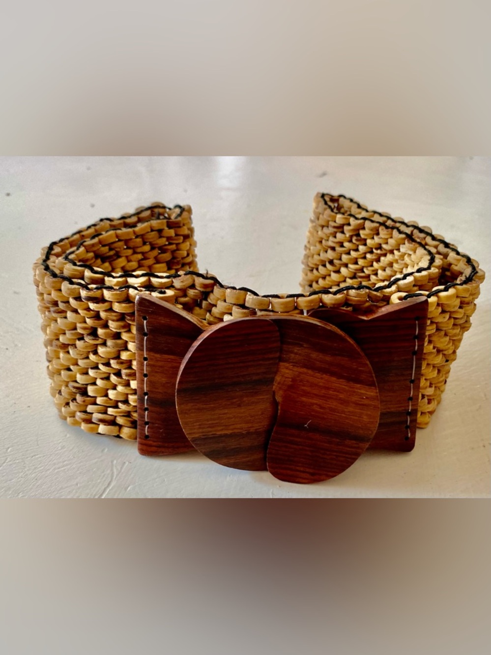Brown beaded Wood belt with bow tie clasp